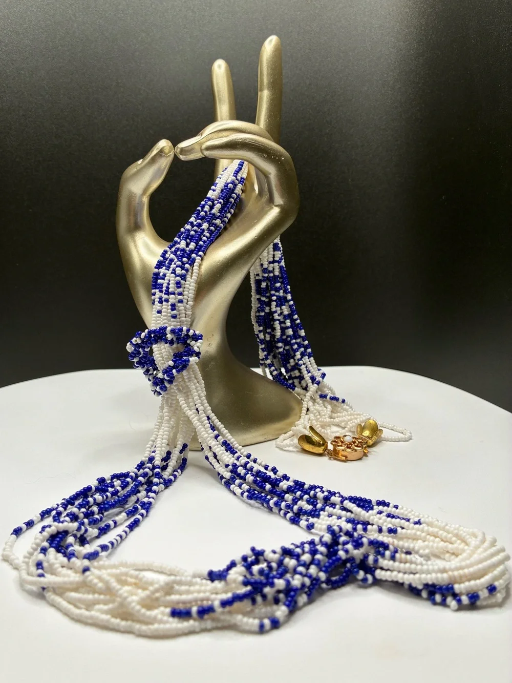 Vintage multi-Strand Handcrafted Blue & White Seed Bead Lariat Necklace